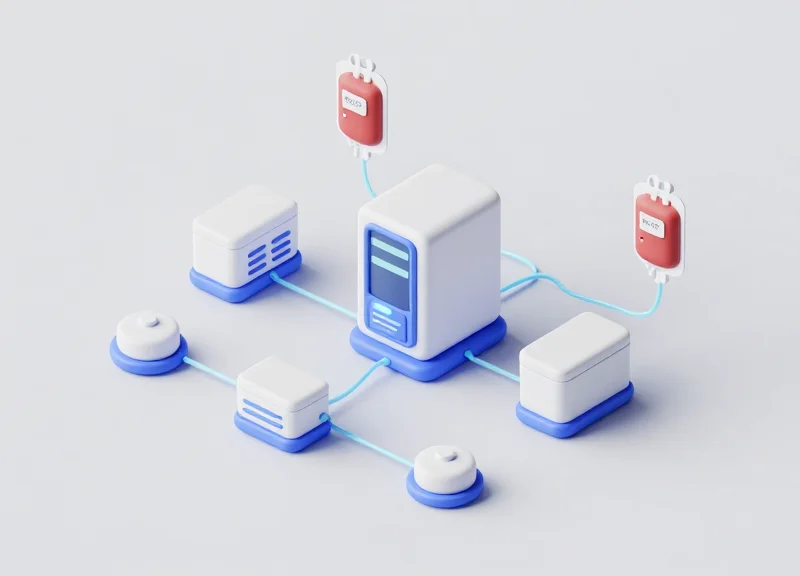 Isometric 3D view of an RFID blood tracking system showing bags, scanners, and data links.