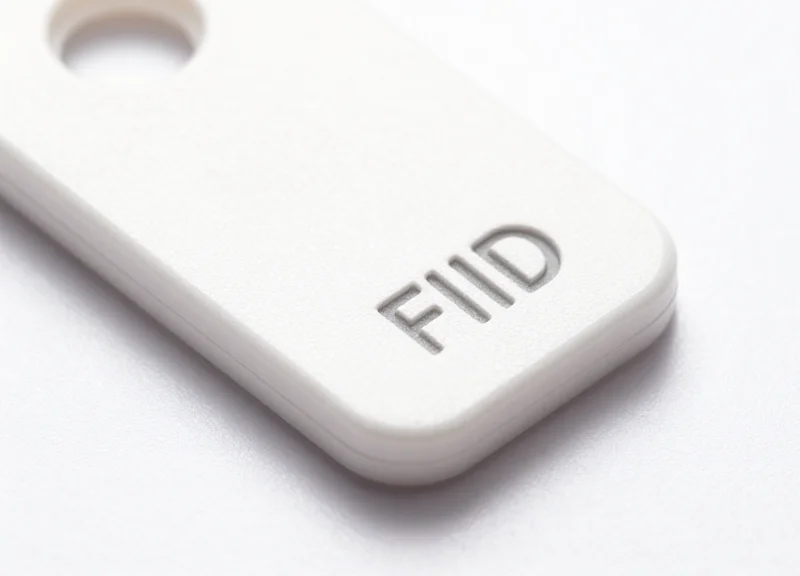 Close-up of a specialized low-temperature RFID tag for blood bag tracking.