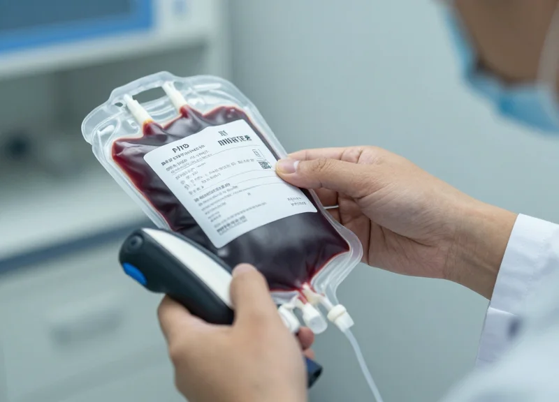 A medical technician scanning a blood bag with an RFID reader in a hospital setting.