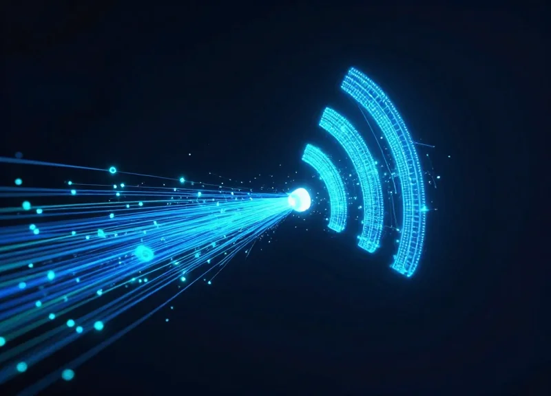 Abstract visualization of glowing RFID data streams and connectivity nodes.