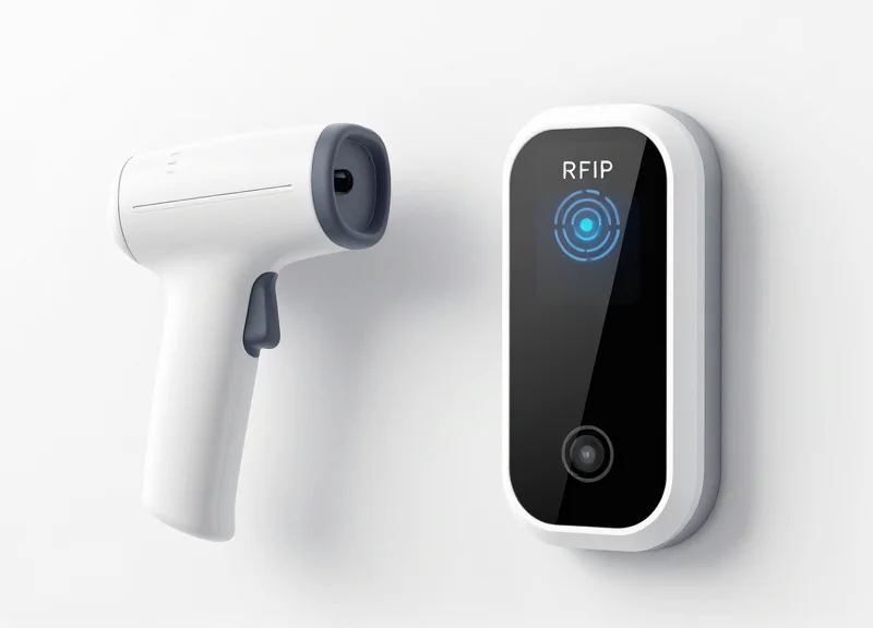 Side-by-side visual comparison between a traditional handheld barcode scanner and a modern RFID sensor.
