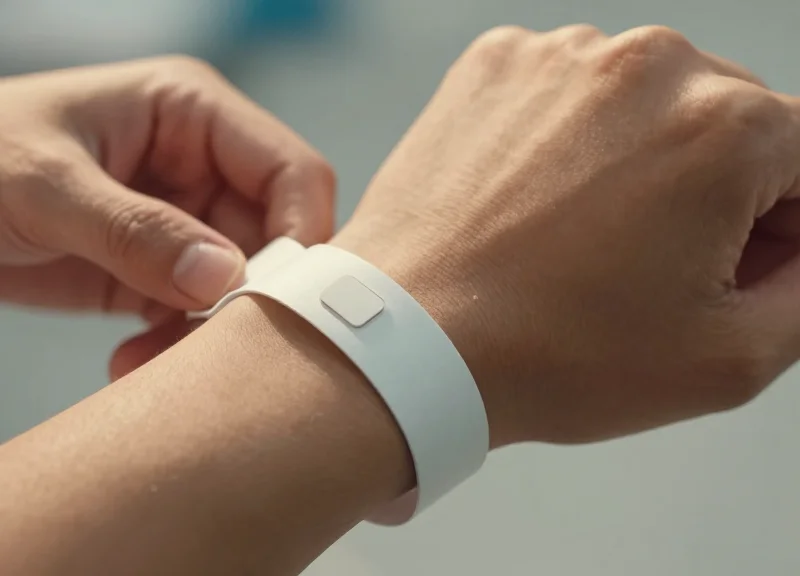 Close-up of a medical professional checking a patient's RFID-enabled wristband.