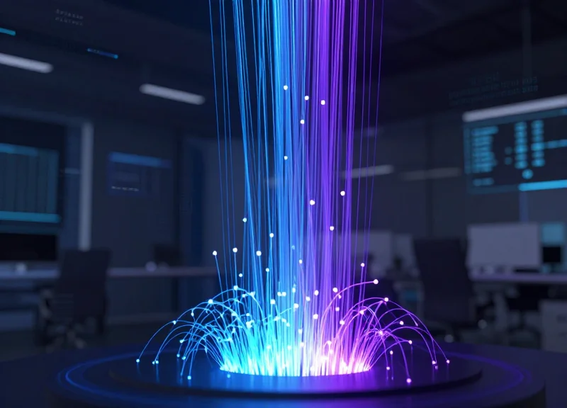 Abstract visualization of futuristic office asset data streams with glowing nodes