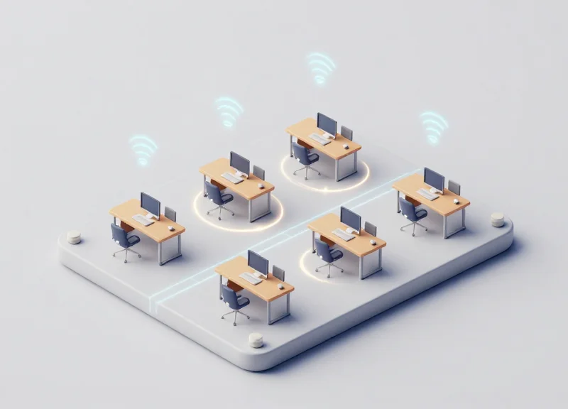 Isometric 3D model of a modern office floor with RFID tracking zones