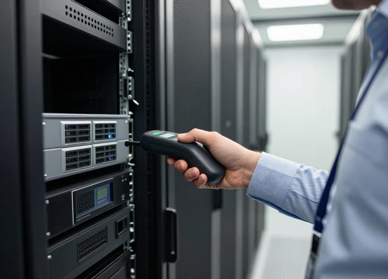 A professional using a handheld RFID scanner to inventory corporate equipment.