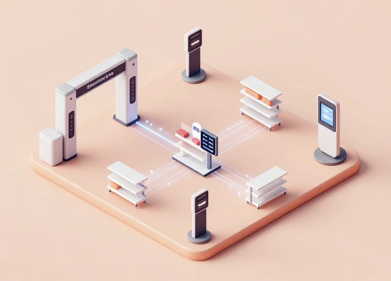 Isometric view of integrated EAS, ESL, and RFID systems working together.