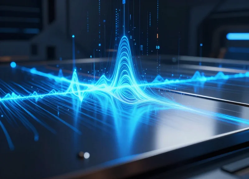 Abstract visualization of radio waves interacting with a metallic surface.
