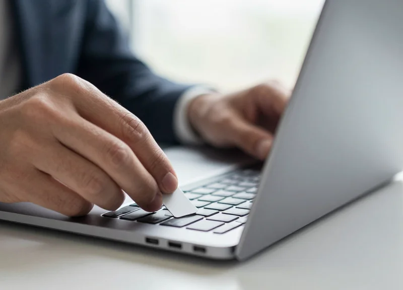 Hands applying an RFID tag to a laptop in an office.