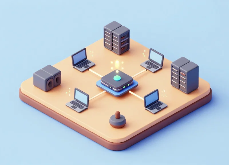 Isometric view of office assets with glowing RFID signals connecting to an AI processing hub.