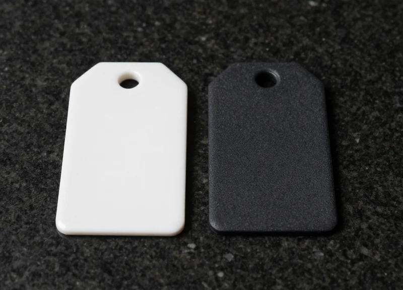 Side-by-side comparison of a smooth white ceramic RFID tag and a rugged black polymer RFID tag