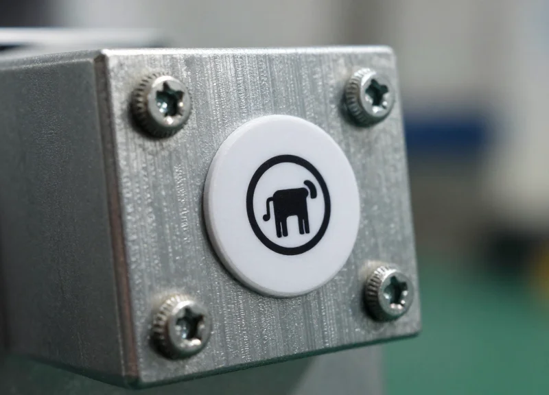 Macro shot of a small RFID tag being securely bolted onto a heavy metal mold