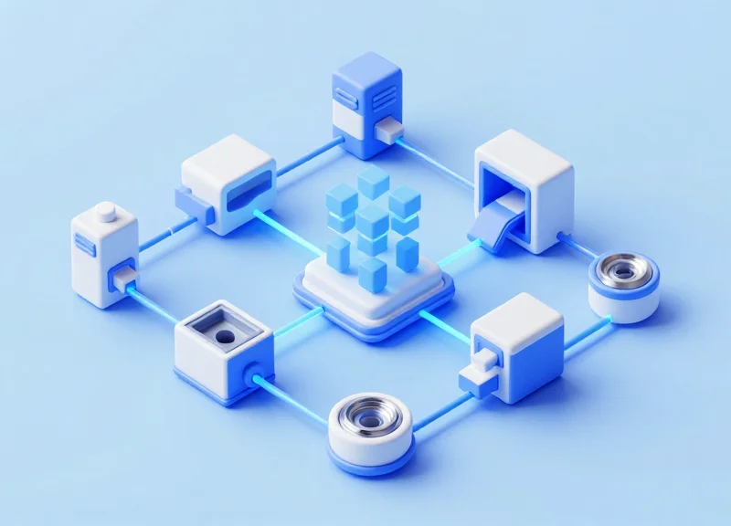 Isometric 3D model of a connected factory ecosystem showing data flowing from machines to servers