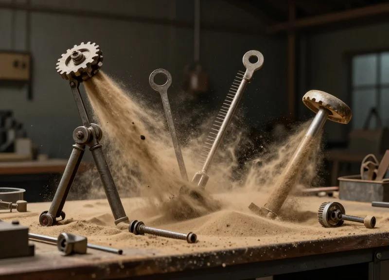 Abstract artistic representation of tools fading away into dust, symbolizing inventory shrinkage and financial loss in a workshop.