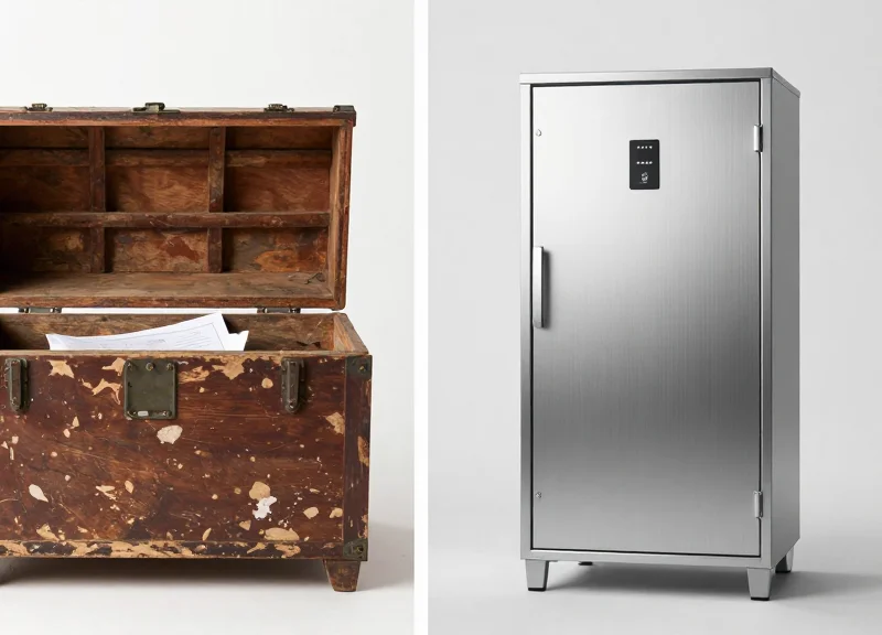 A side-by-side comparison of a traditional messy wooden toolbox versus a modern sleek automated RFID tool cabinet.