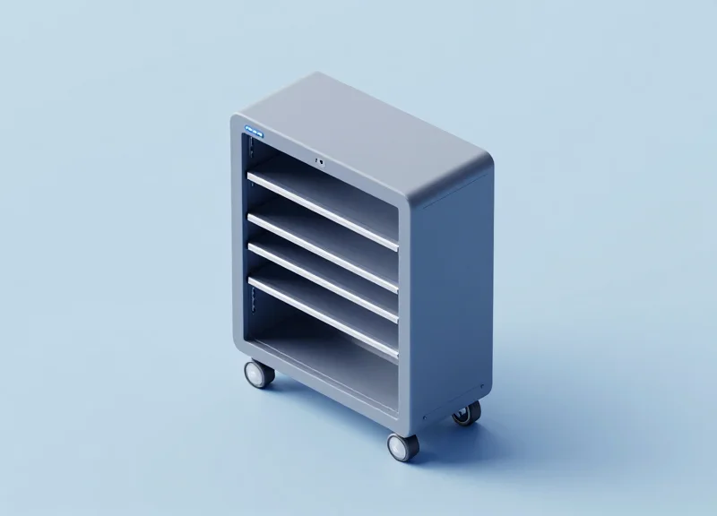 Isometric 3D view of a modular smart tool cabinet showing internal architecture and tracking components.