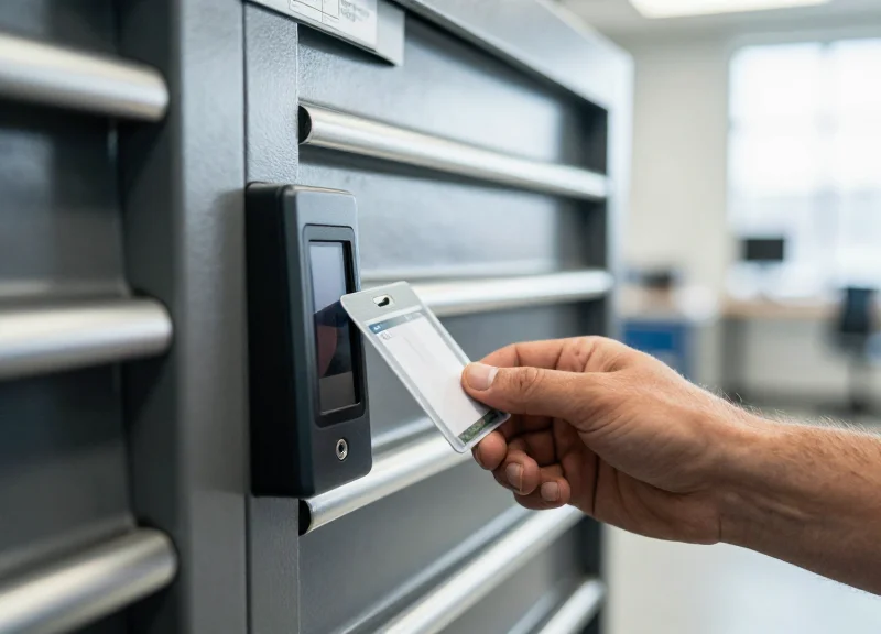 A technician using a badge to unlock an automated tool cabinet in a professional industrial workspace.