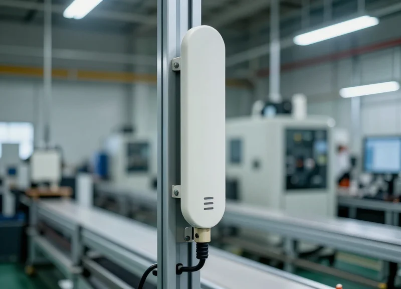 An industrial RFID reader antenna installed on a molding machine frame in a clean factory.