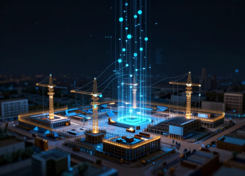 Abstract digital map of a construction site with glowing nodes representing real-time tracked equipment.