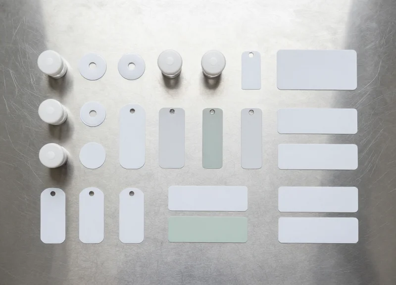 A collection of various laboratory RFID tags and labels neatly arranged on a metal surface.