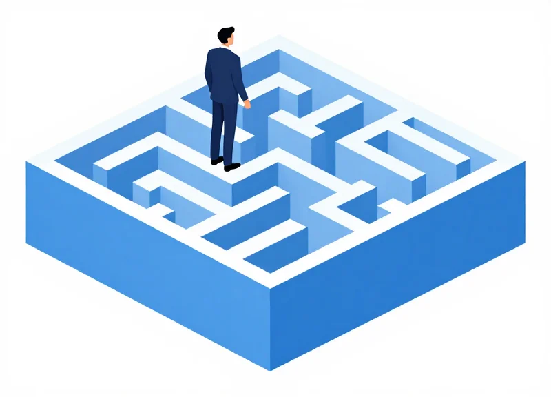 Flat vector illustration representing a professional navigating through layers of complex regulations