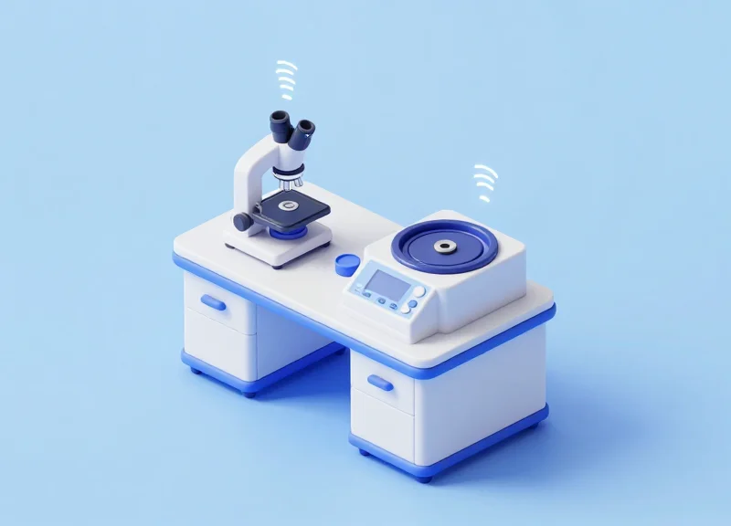Isometric 3D view of a laboratory with RFID signals emanating from equipment