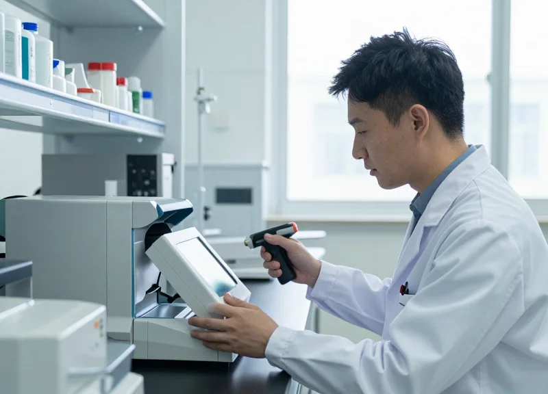 A scientist using a handheld RFID scanner in a modern laboratory for a quick audit
