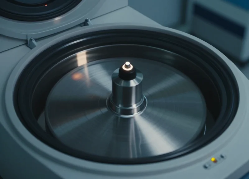 Close-up of a laboratory centrifuge in high-speed motion with a blurred effect