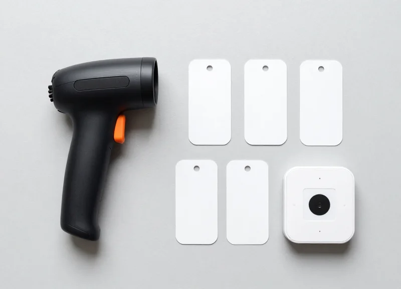 Neatly arranged RFID hardware including a handheld reader and various smart tags on a clean surface.
