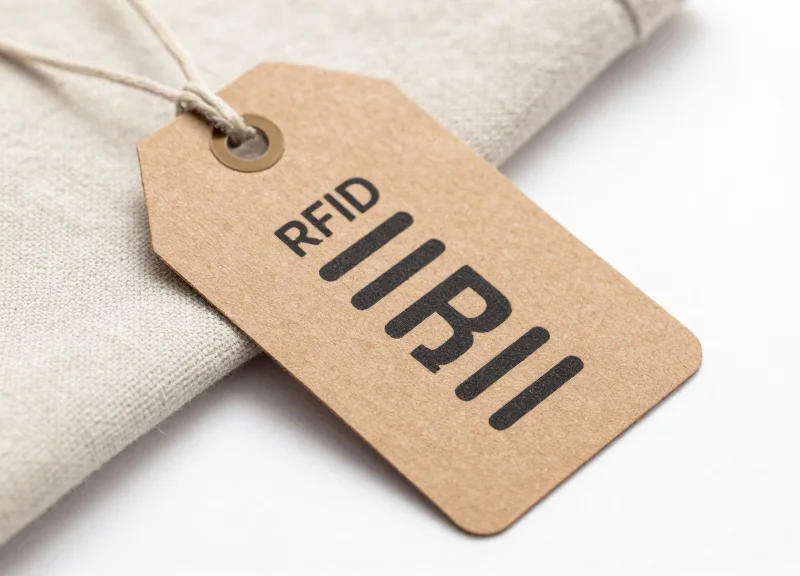 Macro view of an eco-friendly paper-based RFID tag on a sustainable fabric.