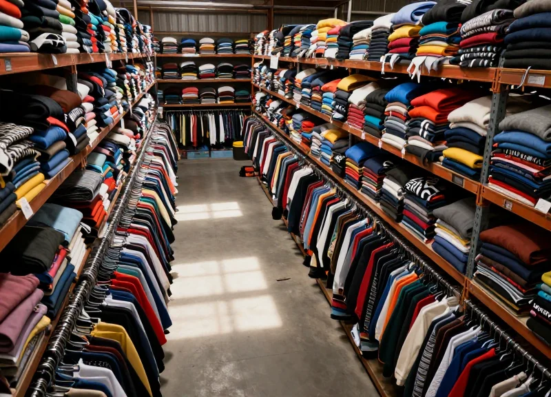 A massive, densely packed warehouse with endless racks of colorful fast fashion clothing illustrating high SKU volume