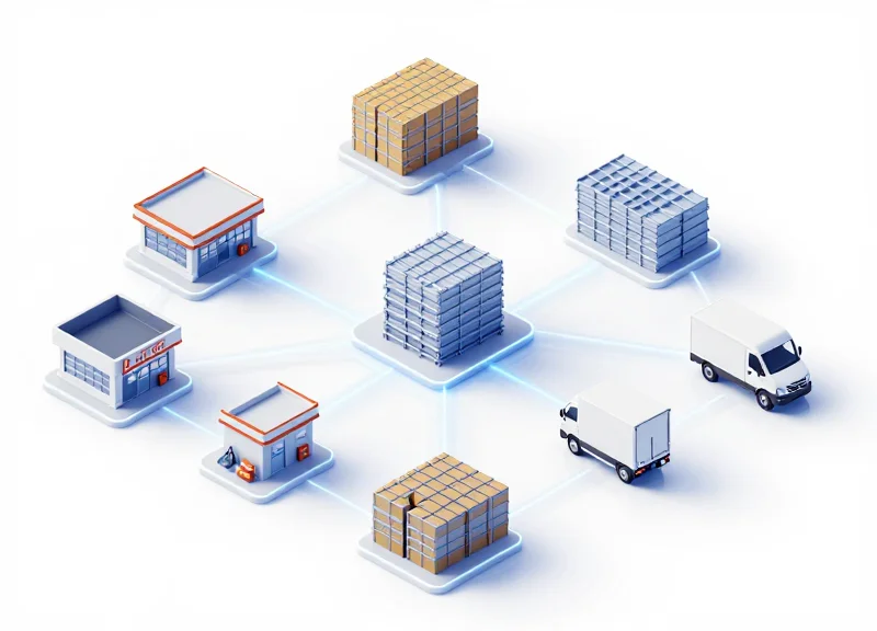 Isometric 3D model of a connected retail network including warehouse, store, and mobile app