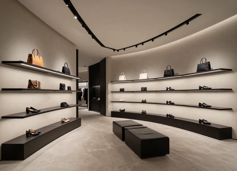 Interior of a high-end organized fashion boutique reflecting successful retail management