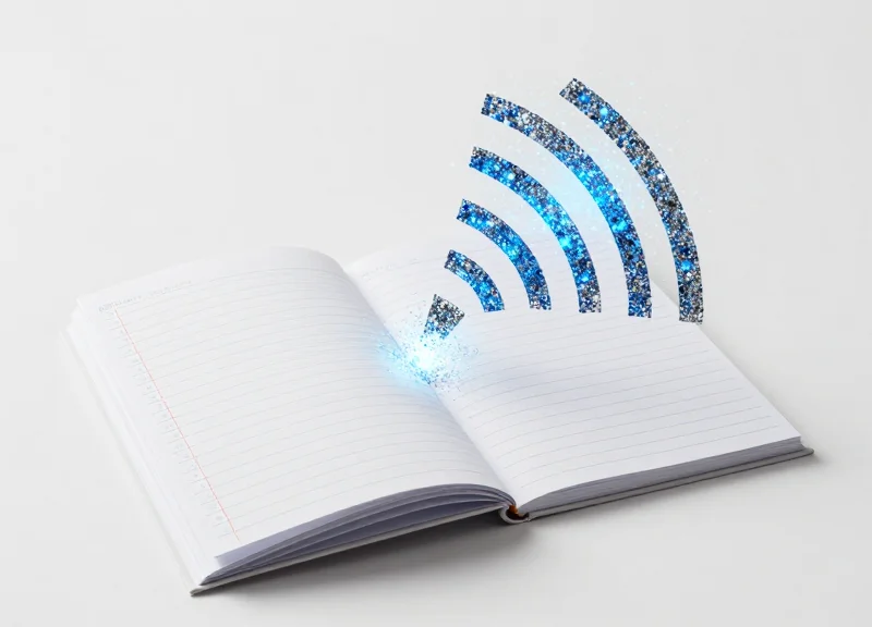 Conceptual art showing the transition from traditional ledgers to digital RFID signals