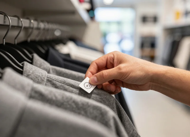 Worker applying an RFID tag to a garment in a retail environment
