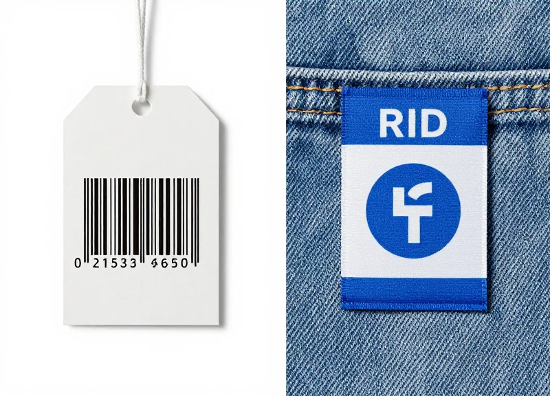 Side-by-side comparison of a traditional barcode tag and a modern RFID textile tag on a piece of clothing.