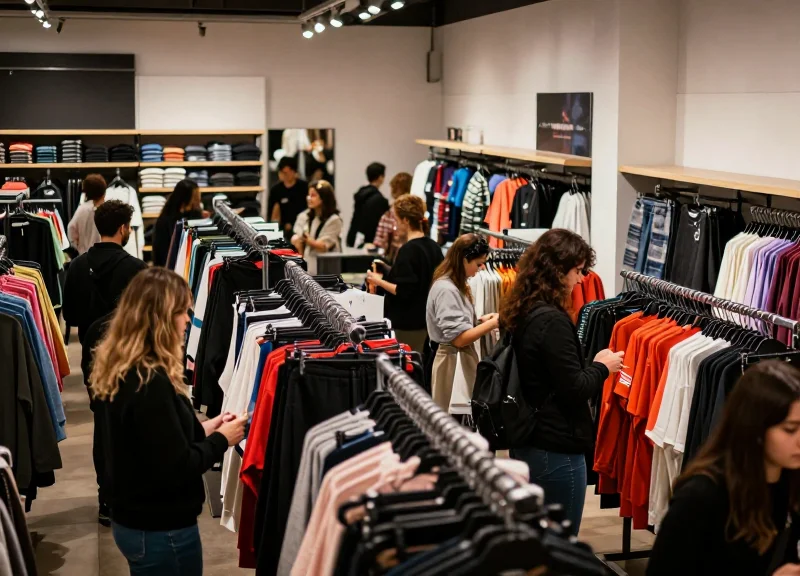 A busy fast fashion retail store with crowded clothing racks and shoppers, capturing the high-velocity environment.
