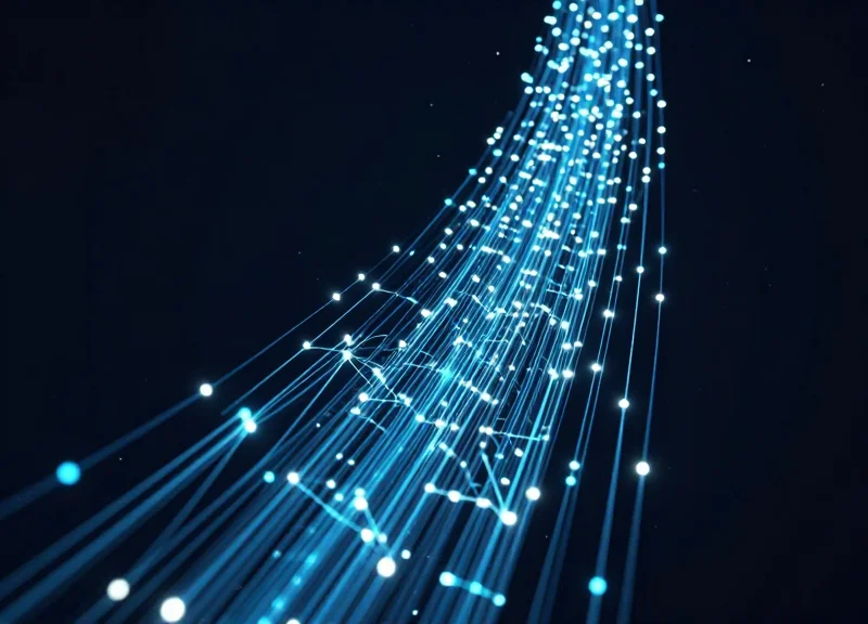 Abstract digital data stream with glowing nodes representing high-speed inventory tracking accuracy.