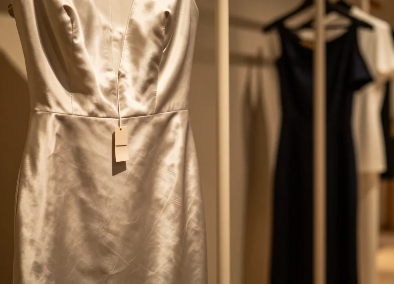 A luxury boutique interior showing a high-end designer garment with a discreet, elegant security tag attached, soft lighting, upscale atmosphere.