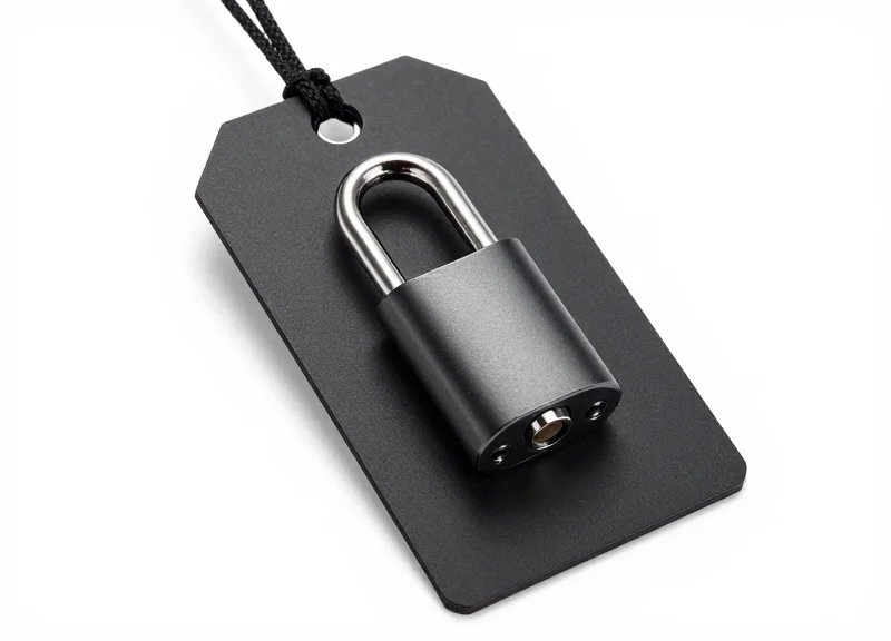 High-strength security tag with a visible tamper-resistant locking mechanism, industrial and secure design.