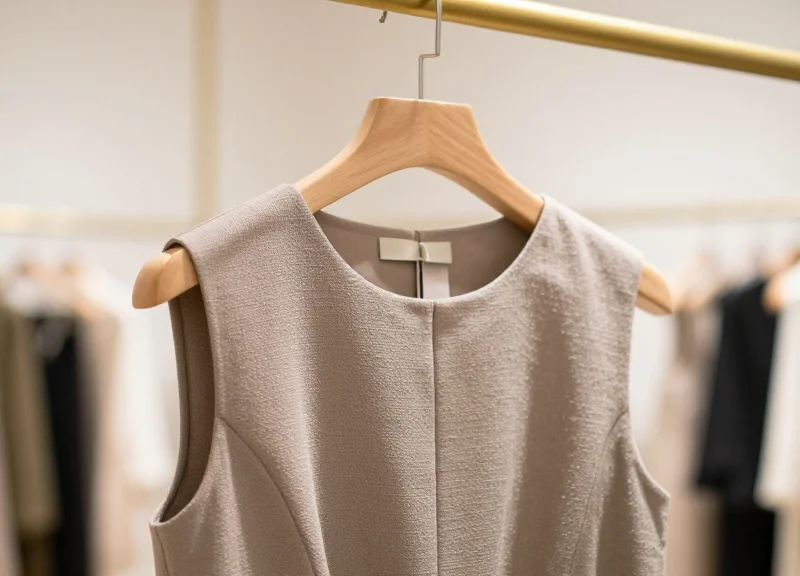 Close-up of a designer dress hanging in a boutique with a very small and subtle security tag attached.