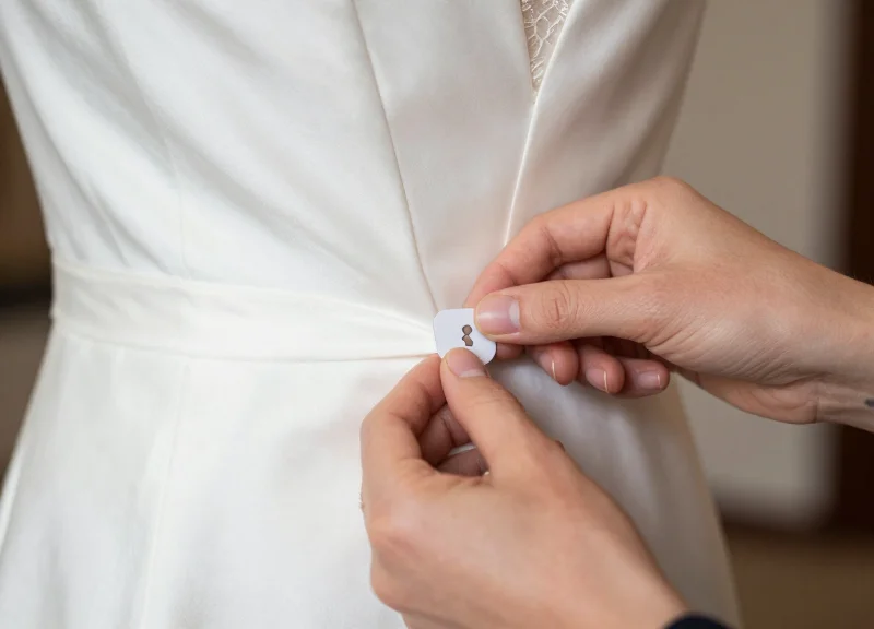 Close-up of a worker's hands precisely attaching an RFID tag to the seam of a designer dress.