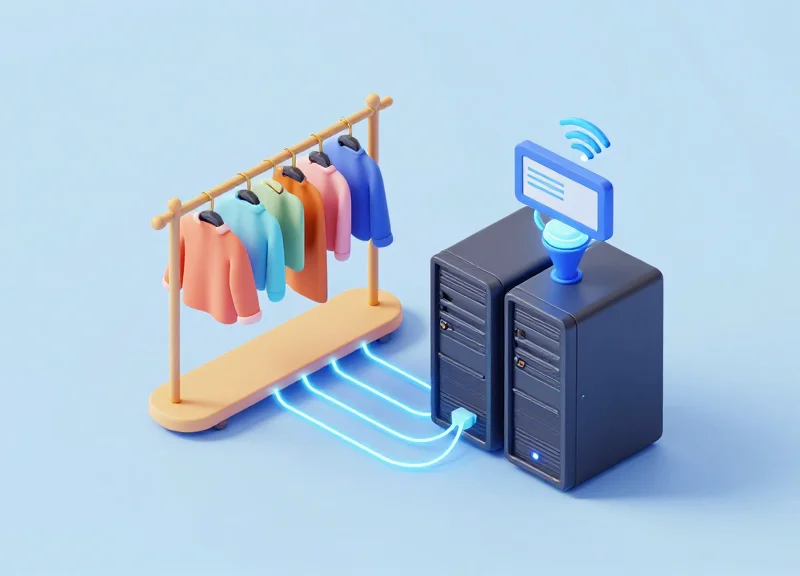 An isometric 3D model showing the connection between a clothing rack and a digital server system.