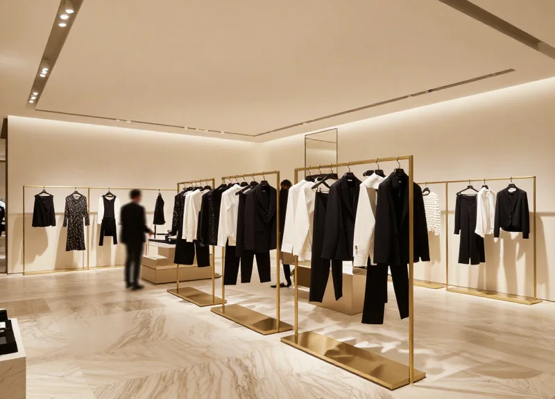 Wide shot of a modern luxury high-end fashion boutique interior with elegant lighting and minimal decor.