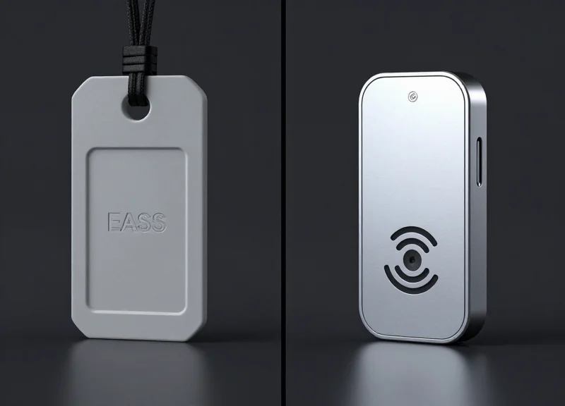 Side-by-side comparison of a bulky legacy security tag versus a slim modern hybrid RFID tag.