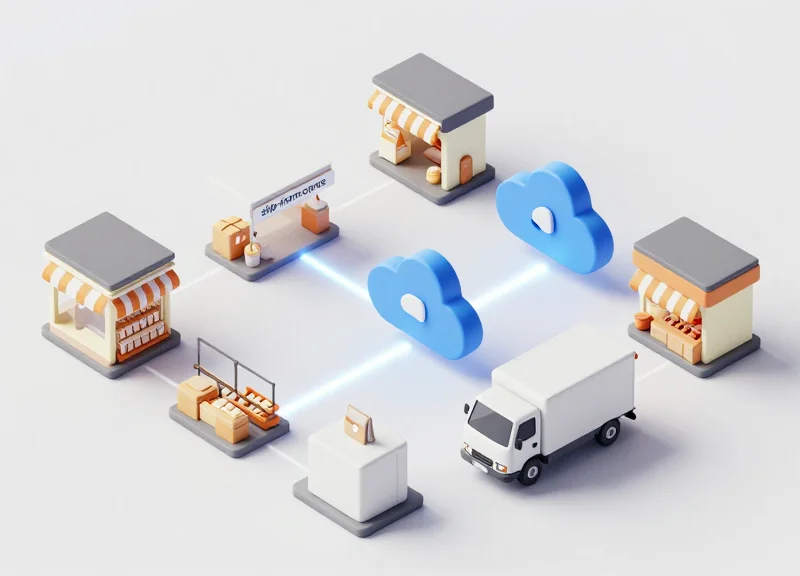 Isometric view of a smart retail ecosystem showing online orders being fulfilled directly from a physical store.