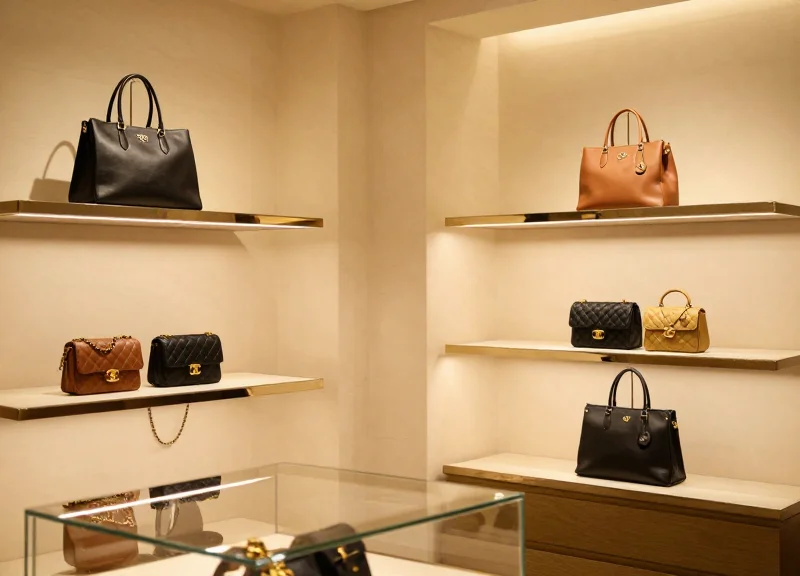 A high-end luxury fashion boutique interior with soft golden lighting and designer handbags on glass shelves.