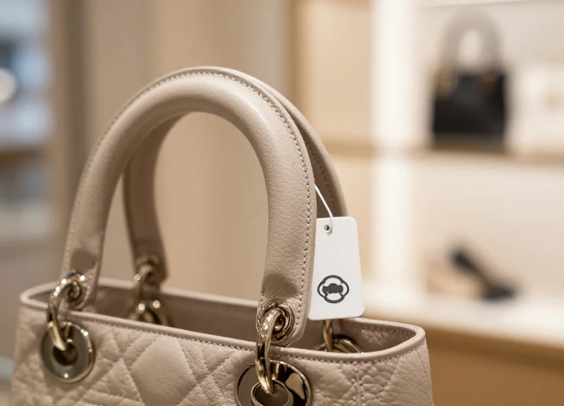 Close-up of a designer handbag handle with an integrated, stylish security tag that looks like a high-end charm.