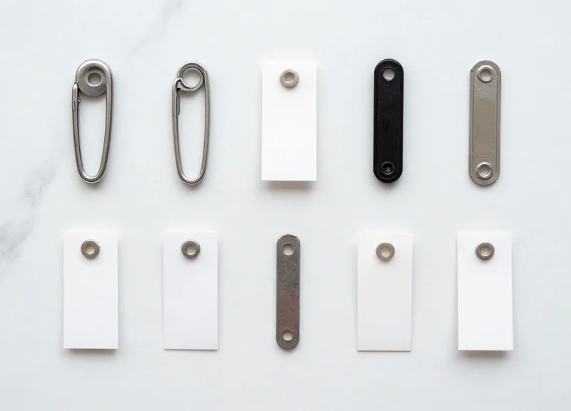 Flat lay of professional tagging tools and soft-clip RFID tags neatly organized on a white marble surface.
