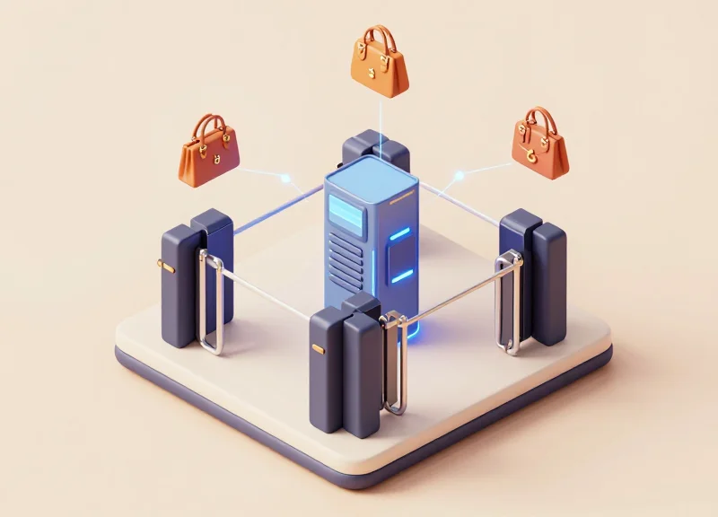 Isometric 3D illustration of a luxury store entrance with security gates and digital connection lines.