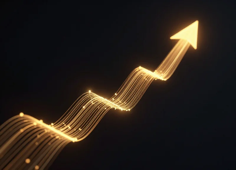 Abstract data visualization showing upward trending golden light trails and nodes.